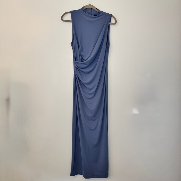 Zara Draped Maxi Dress Dusty Blue Gray Sleeveless Back Slit Slim Fit Gown Sz S - Picture 2 of 15